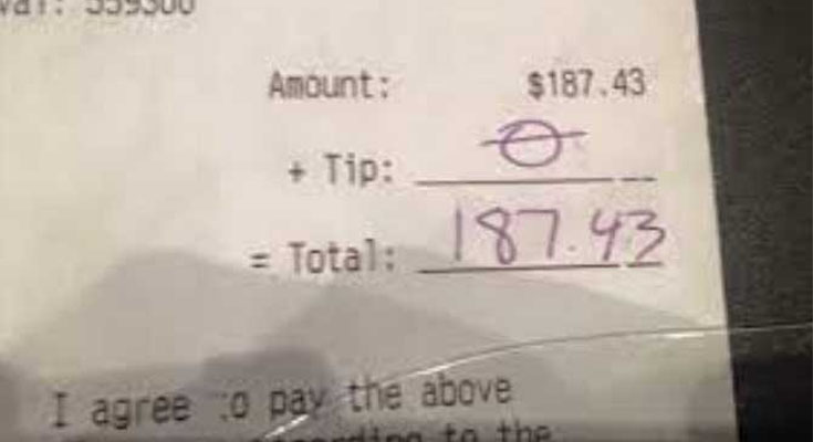 Waitress gets ‘$0’ tip on ‘$187’ bill, turns heads after making Facebook post in response